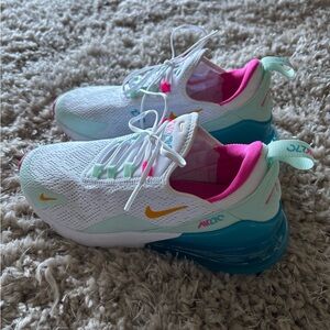 Nike Womens Air Max 270 White, Pink, and Blue Sneakers